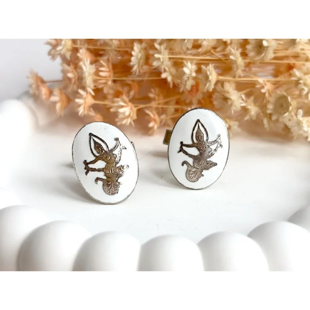 Siam Sterling White Dancing Angel Oval Vintage Men's Sterling Silver Cufflinks